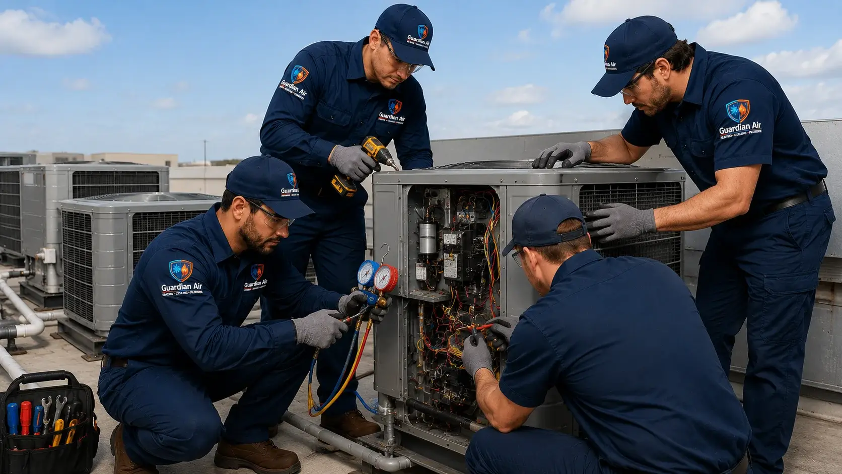 Guardian Air technician performing AC repair on an outdoor unit in New Jersey