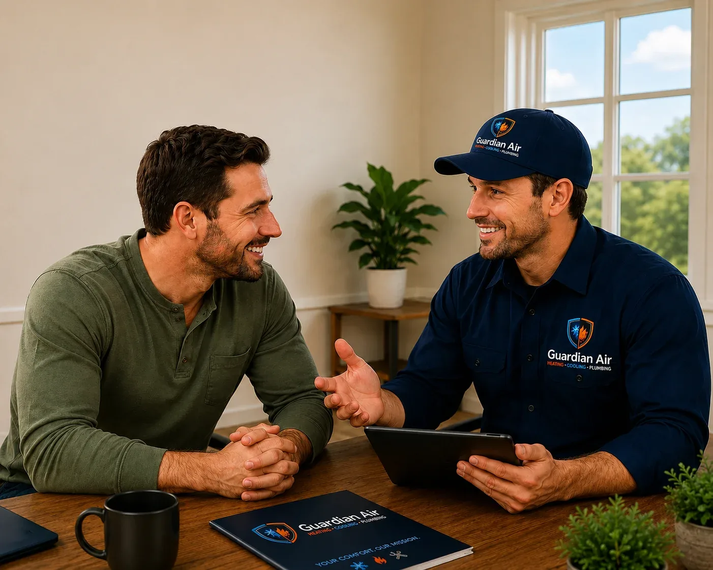 Guardian Air technician with a homeowner at the HVAC unit