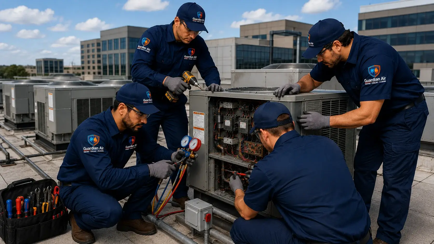 Guardian Air commercial technician servicing a rooftop HVAC unit in New Jersey
