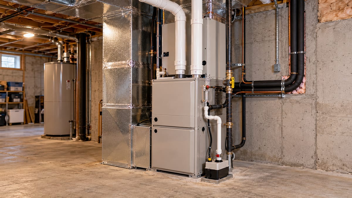 Dual-fuel heat pump and gas furnace combo installed in a New Jersey basement, with a condensing gas furnace, indoor coil and PVC venting