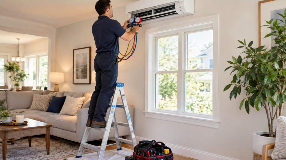 Technician checking a new wall-mounted ductless mini split with manifold gauges in a New Jersey living room
