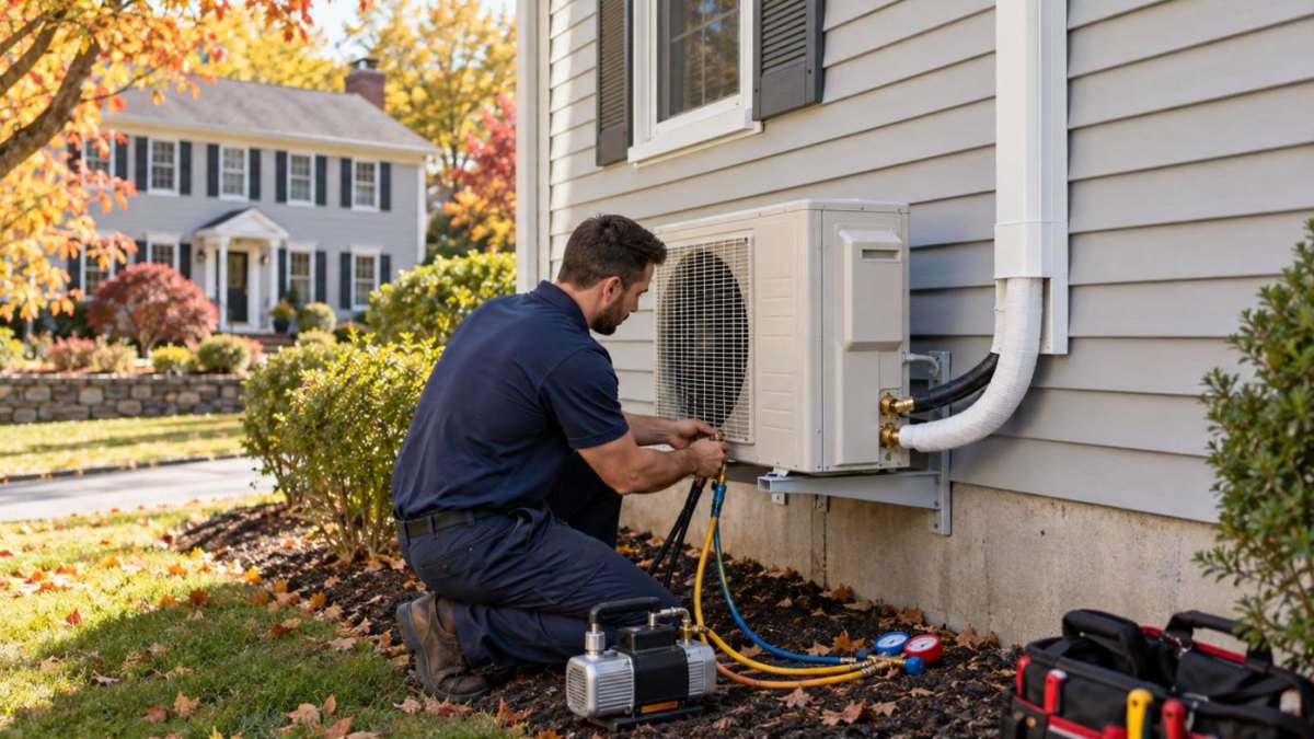 Technician connecting the line set to an outdoor condenser during a ductless mini split installation at a New Jersey home