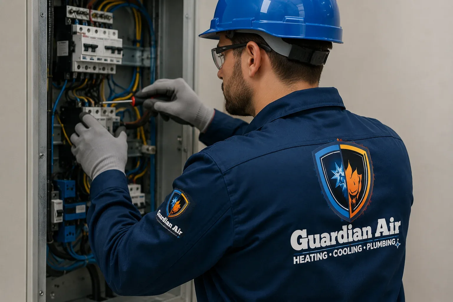 Licensed Guardian Air electrician working inside a residential electrical panel during an electrical wiring service