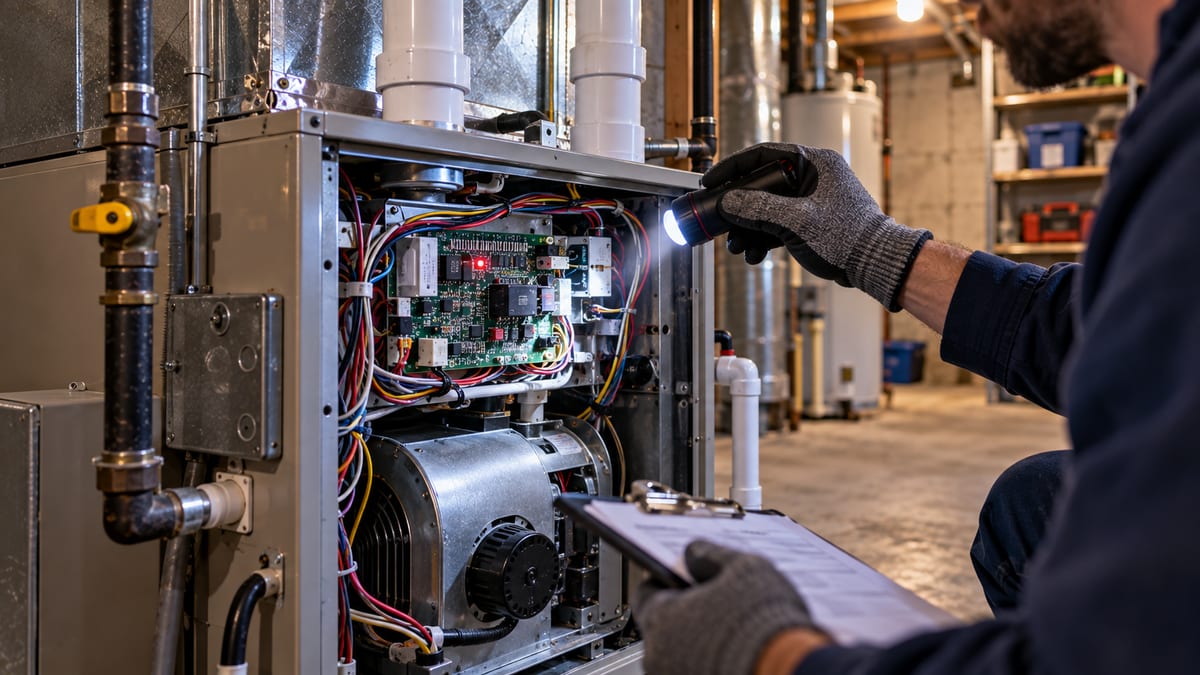 Technician reading the LED blink code on a gas furnace control board to diagnose a furnace blowing cold air