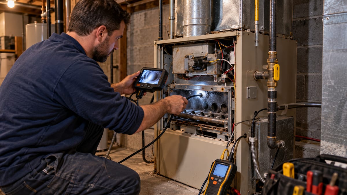 HVAC technician inspecting an older gas furnace heat exchanger with a camera to decide between furnace repair and furnace replacement