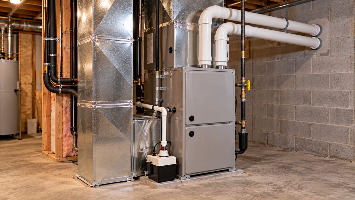 New high-efficiency condensing gas furnace installed in a New Jersey basement with white PVC venting and condensate drain, showing what drives furnace replacement cost