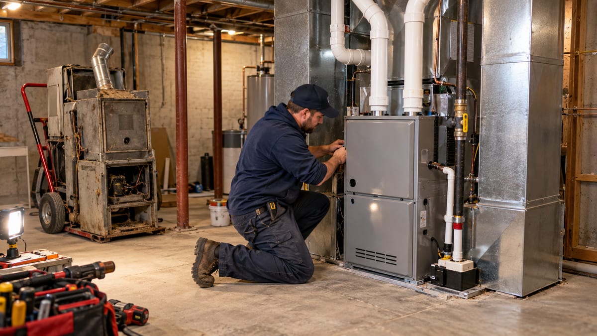 HVAC technician installing a new high-efficiency gas furnace in a New Jersey basement during a furnace replacement