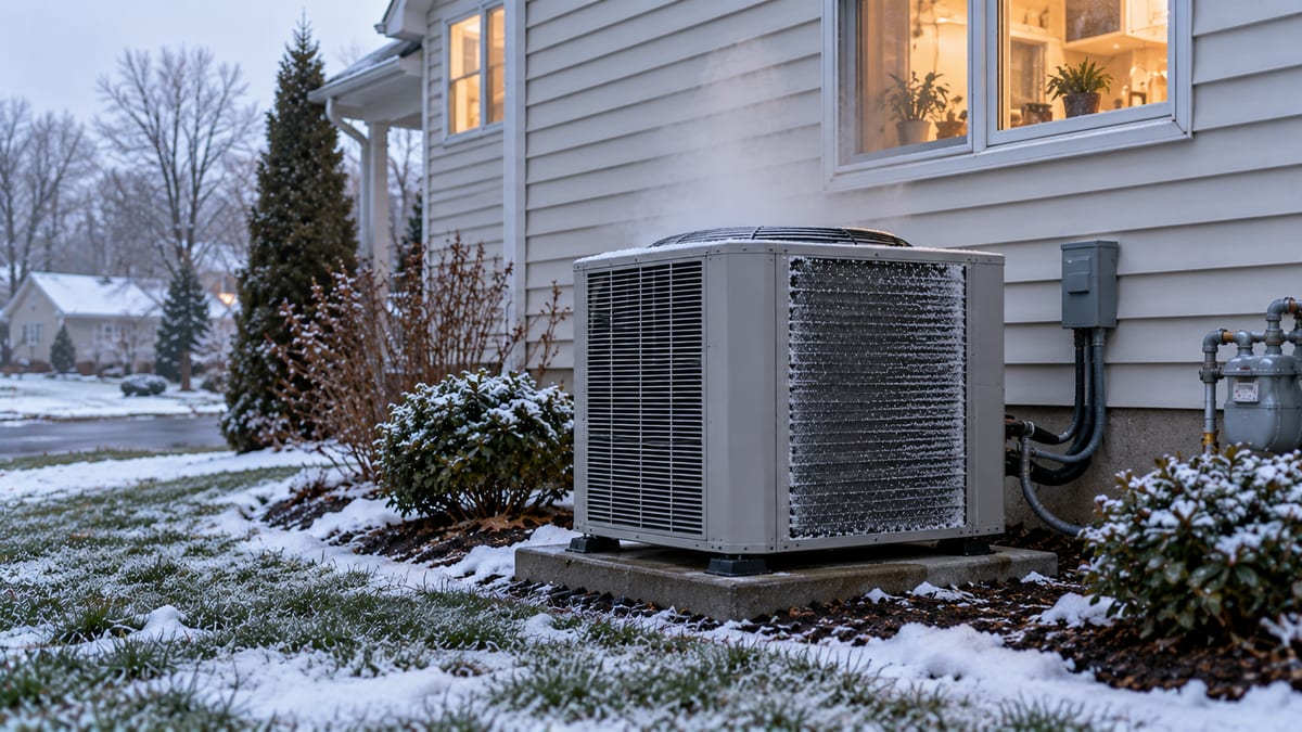 Outdoor heat pump unit releasing steam during defrost mode beside a New Jersey home in winter, a common reason a heat pump blows cool air