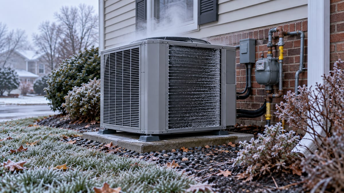 Outdoor air-source heat pump running a defrost cycle with steam rising off the coil on a frosty New Jersey winter morning