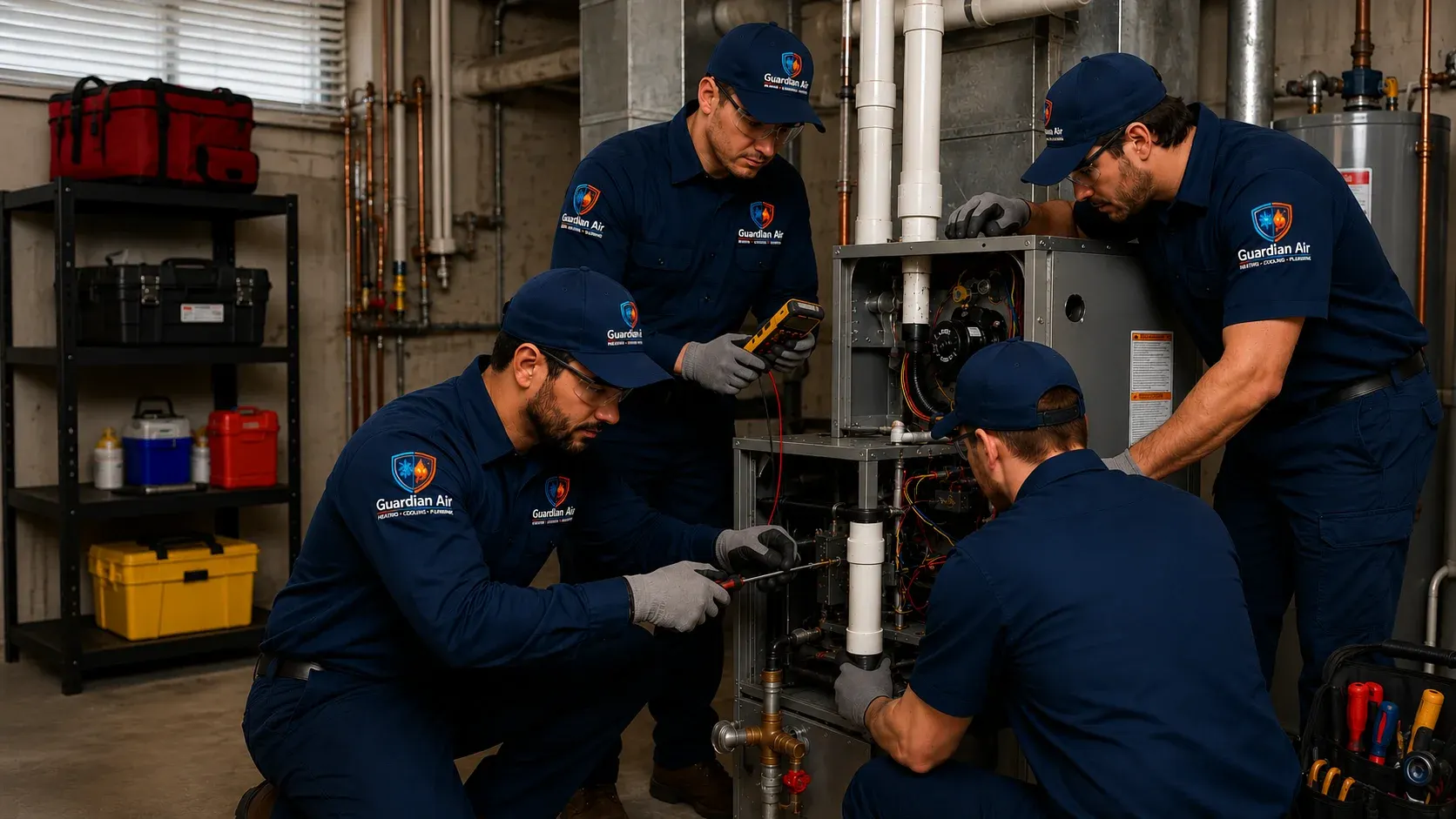 Guardian Air technician performing furnace repair in a New Jersey home