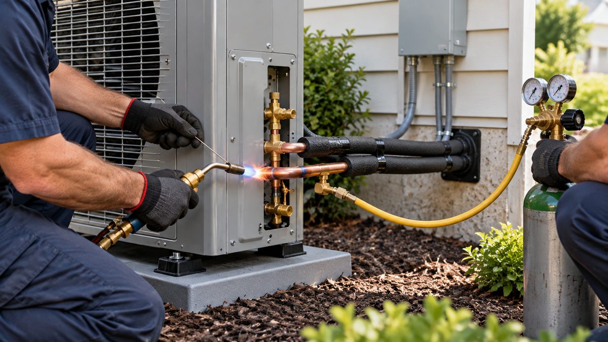 Technicians providing heat pump services by brazing the refrigerant line set on a new outdoor heat pump at a New Jersey home