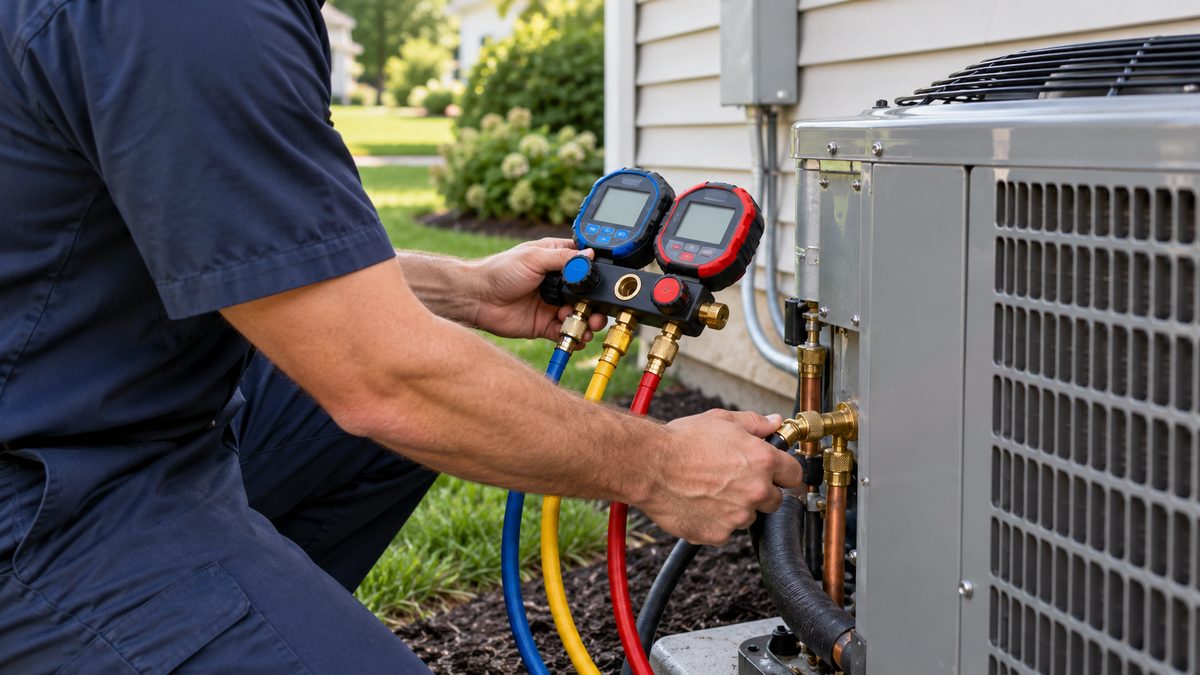 Technician performing heat pump service by connecting digital refrigerant gauges to an outdoor heat pump unit at a New Jersey home