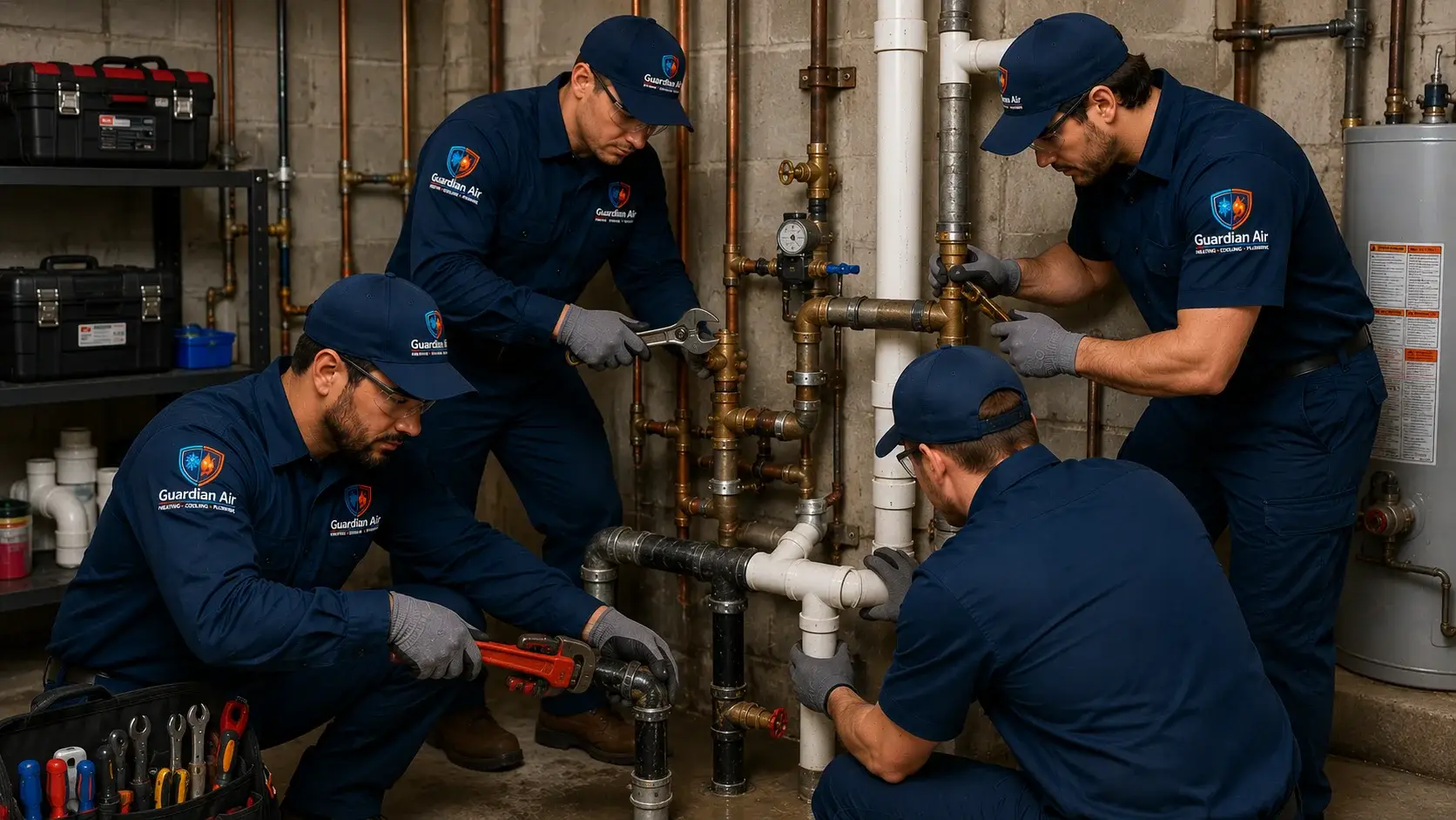Licensed Guardian Air plumber repairing pipes in a New Jersey home