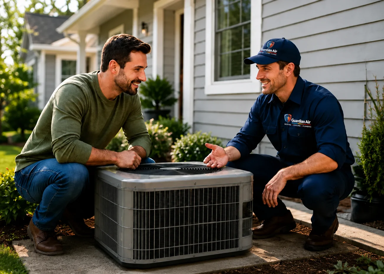Guardian Air technician with a homeowner at the HVAC unit