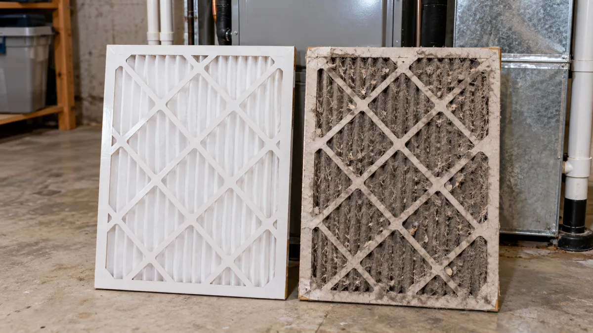AC not cooling: a clean pleated air filter beside a clogged grey filter pulled from a New Jersey home's air handler