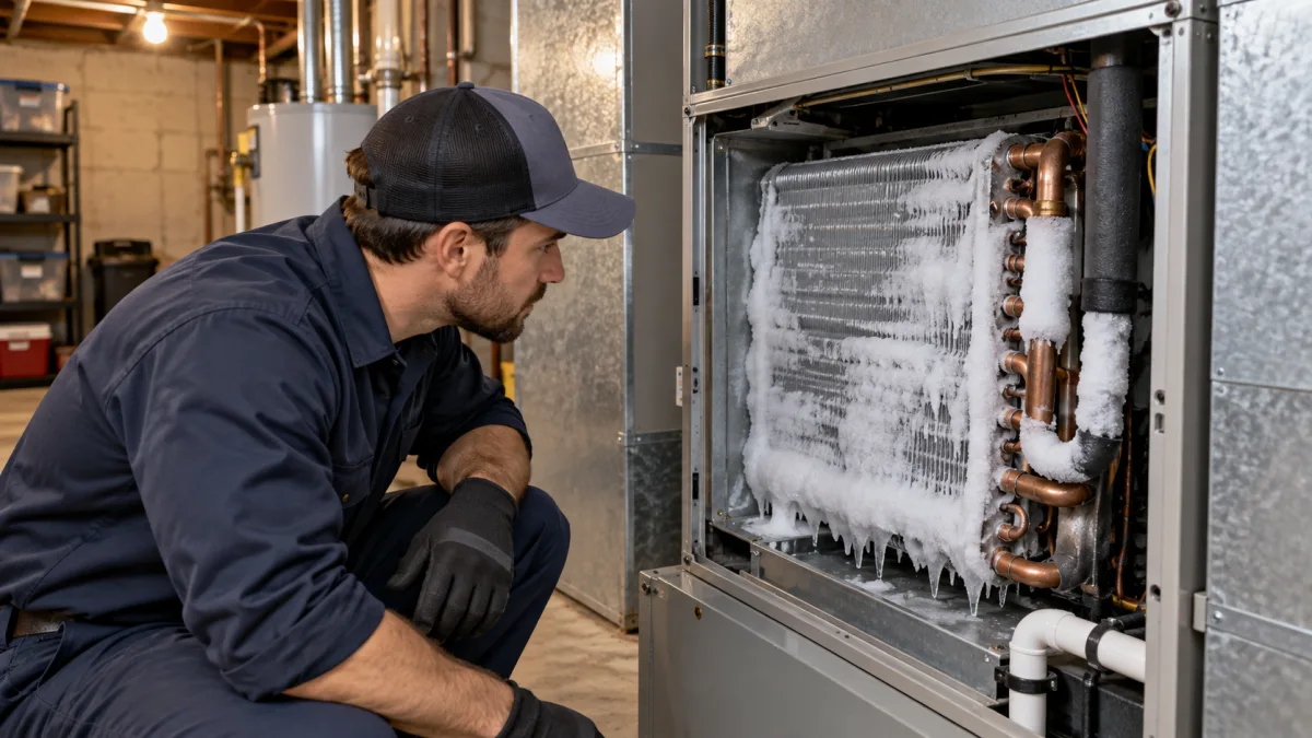 AC not cooling: HVAC technician inspecting an iced-over evaporator coil inside the air handler of a New Jersey home