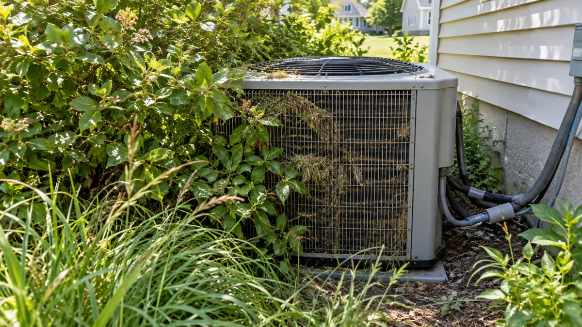 AC not cooling: outdoor air conditioner condenser crowded by shrubs with grass clippings and pollen matted into the coil fins