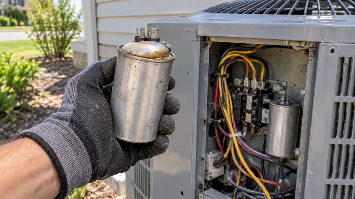 AC repair cost: technician holding a swollen failed run capacitor beside the open electrical panel of a residential condenser unit