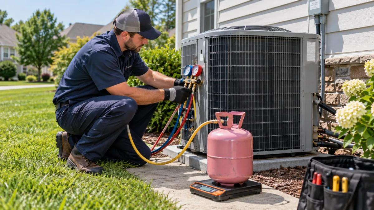 AC repair cost: HVAC technician weighing a refrigerant cylinder on a digital charging scale while servicing a residential air conditioner