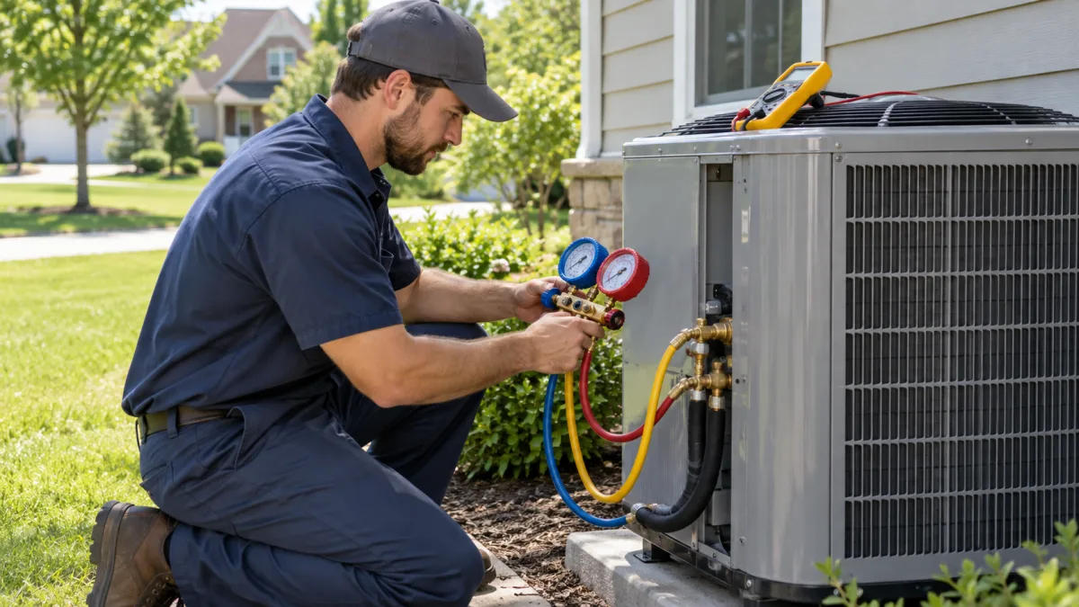 AC repair cost: HVAC technician using manifold gauges and a multimeter to diagnose an outdoor air conditioner condenser in New Jersey