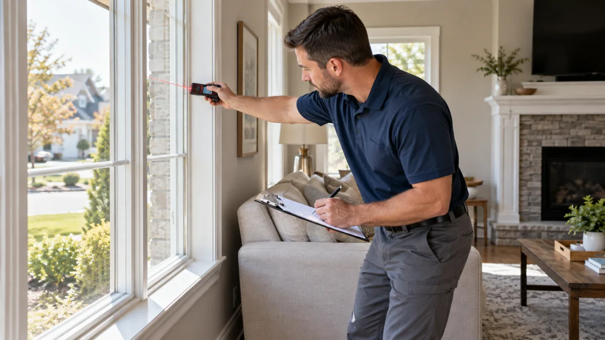 AC replacement cost: estimator measuring a window and recording insulation details for a room-by-room Manual J load calculation