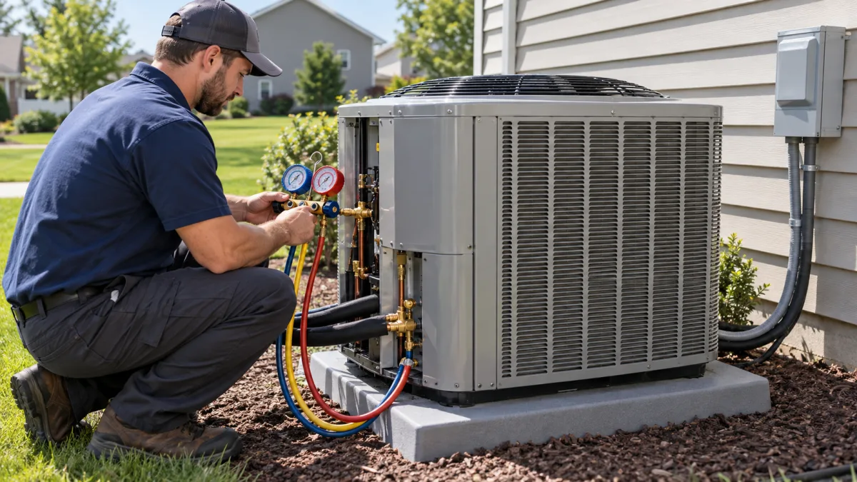 AC replacement cost: newly installed outdoor air conditioner condenser on a level pad with a technician commissioning the system on gauges