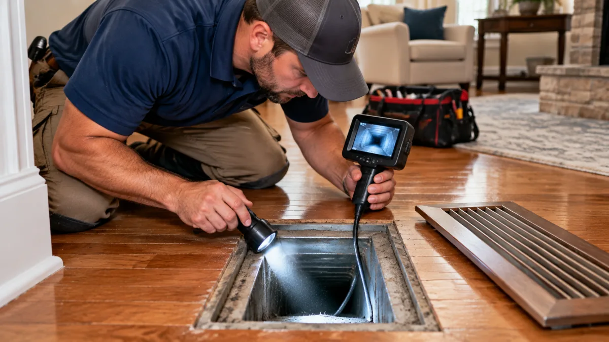 Is air duct cleaning worth it: technician inspecting the inside of a residential supply duct with a torch and camera in a New Jersey home