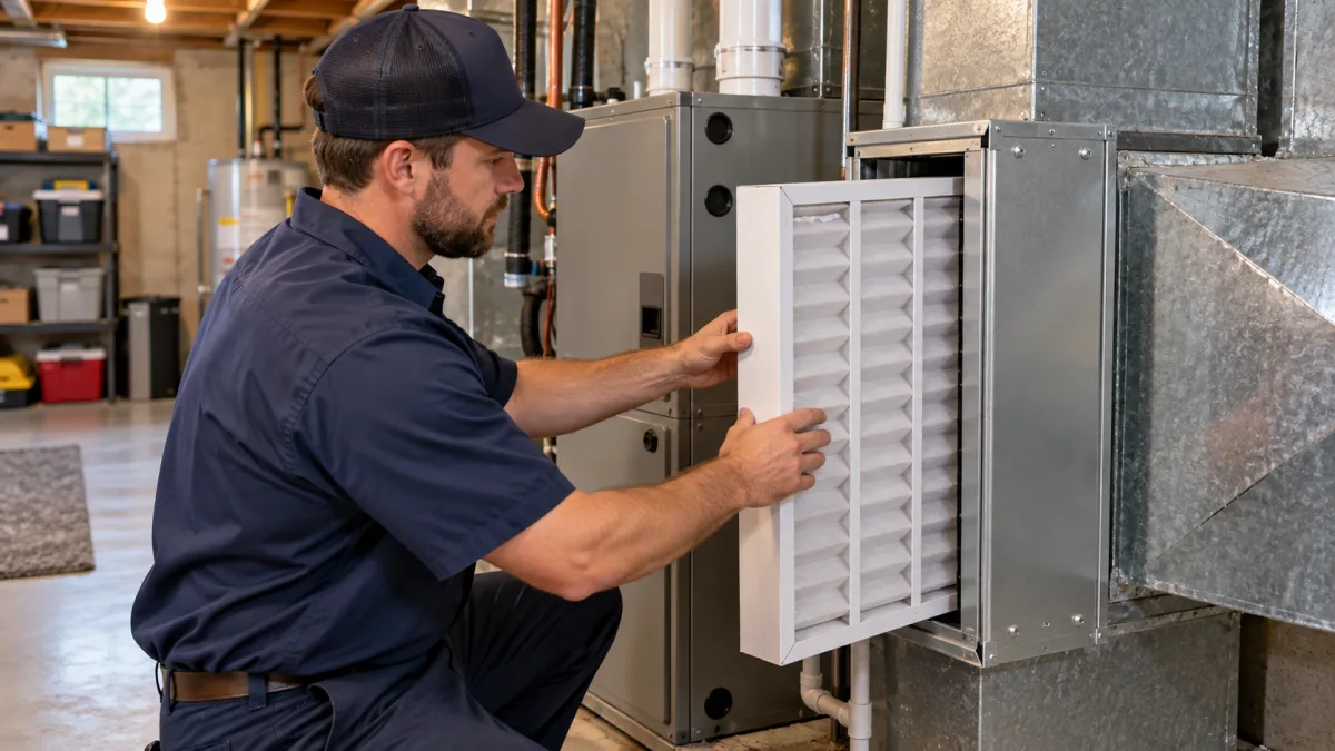 Is air duct cleaning worth it: technician fitting a thick pleated media filter into a four-inch filter cabinet on a home air handler