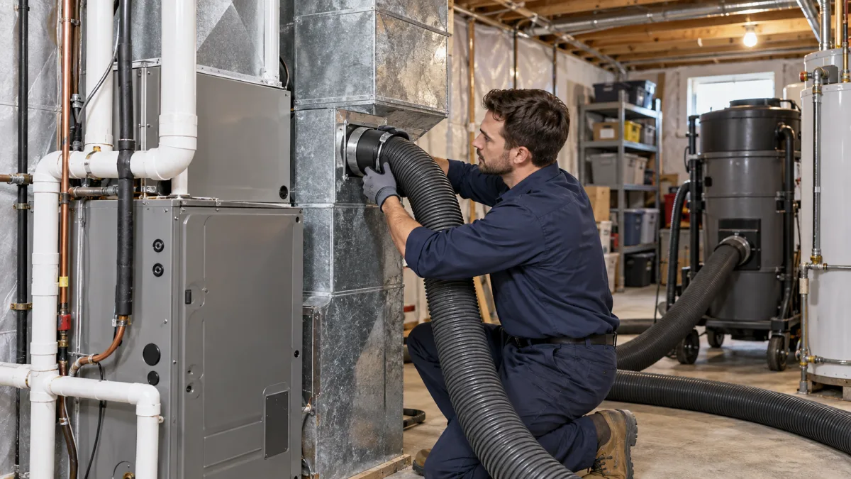 Is air duct cleaning worth it: technician connecting a large negative-pressure vacuum hose to the plenum beside a home air handler