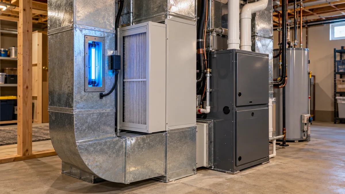 Air quality services: whole-home air purifier and UV lamp installed in the return duct of a residential HVAC system
