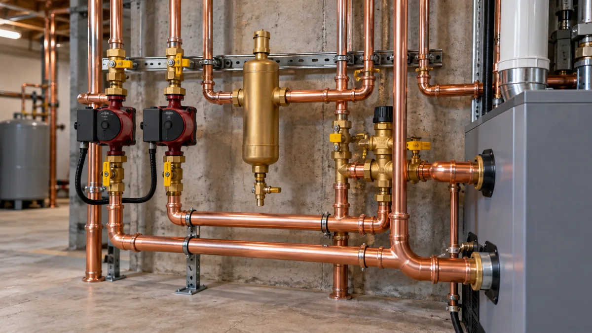 Boiler replacement cost: close view of copper near-boiler piping, circulator pumps and zone valves on a newly installed gas boiler