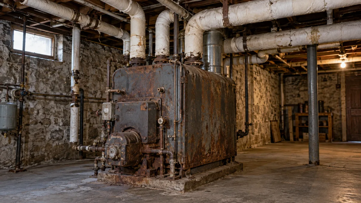 Boiler replacement cost: ageing cast-iron steam boiler with asbestos-era pipe insulation in an older New Jersey basement