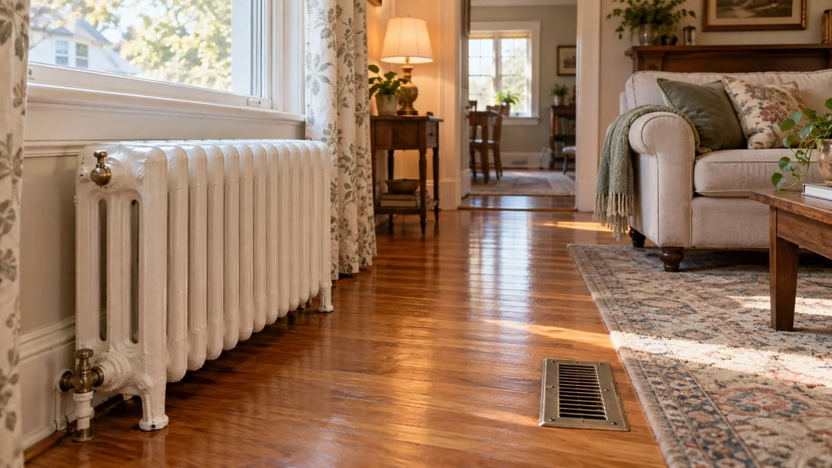 Boiler vs furnace: cast-iron hot-water radiator beside a forced-air floor register in a New Jersey home