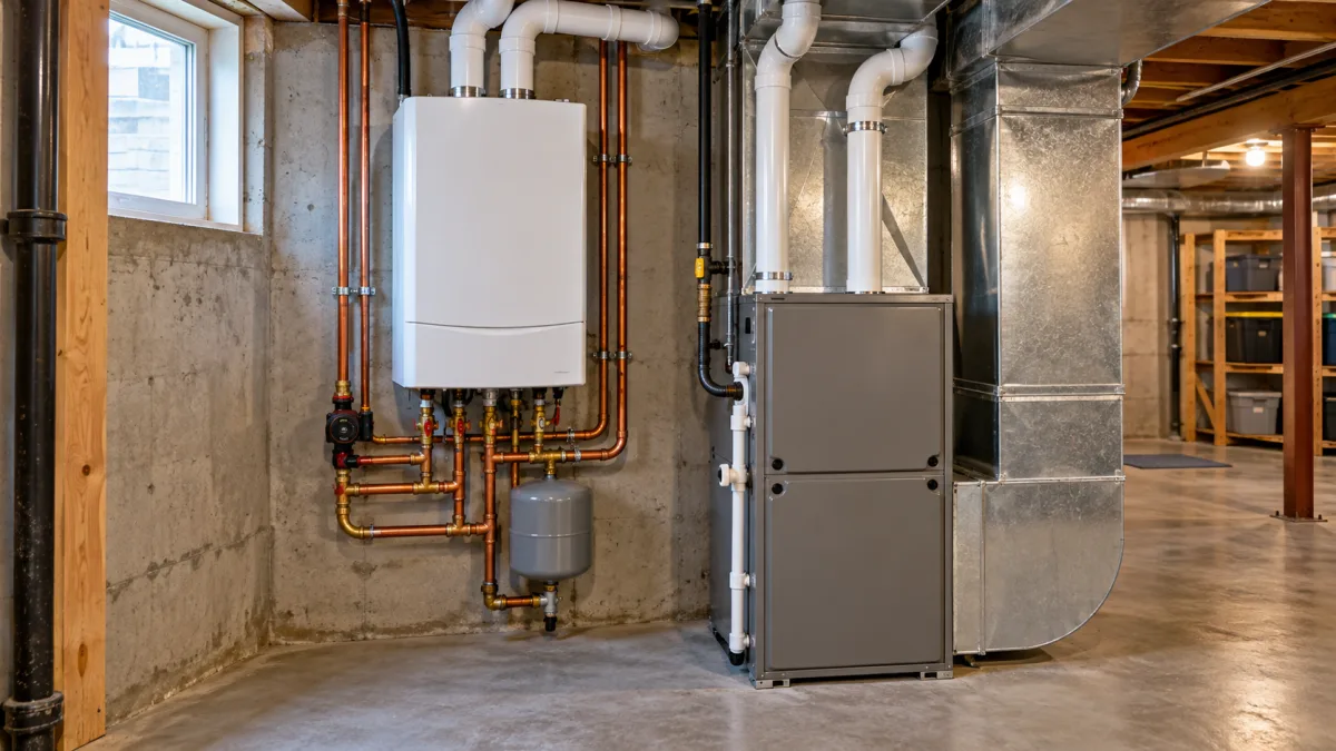 Boiler vs furnace: wall-mounted condensing gas boiler beside a high-efficiency gas furnace in a utility space