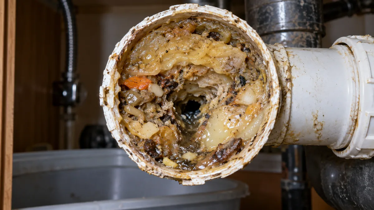 Clogged drain: cutaway of a kitchen drain pipe showing hardened grease and food debris narrowing the opening