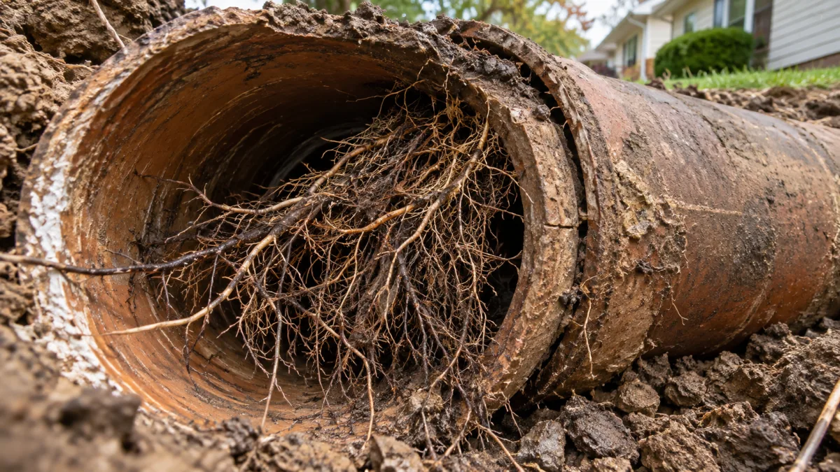 Clogged drain: dense mat of tree roots growing through a joint in an old clay sewer pipe