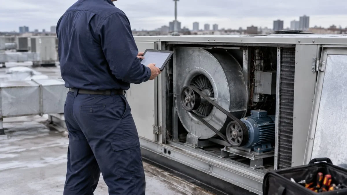 Commercial HVAC maintenance technician servicing a rooftop packaged unit during a scheduled preventive maintenance visit