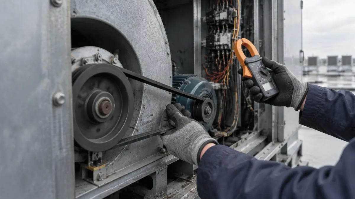 Commercial HVAC service technician checking blower belt tension and motor amp draw with a clamp meter on a rooftop unit