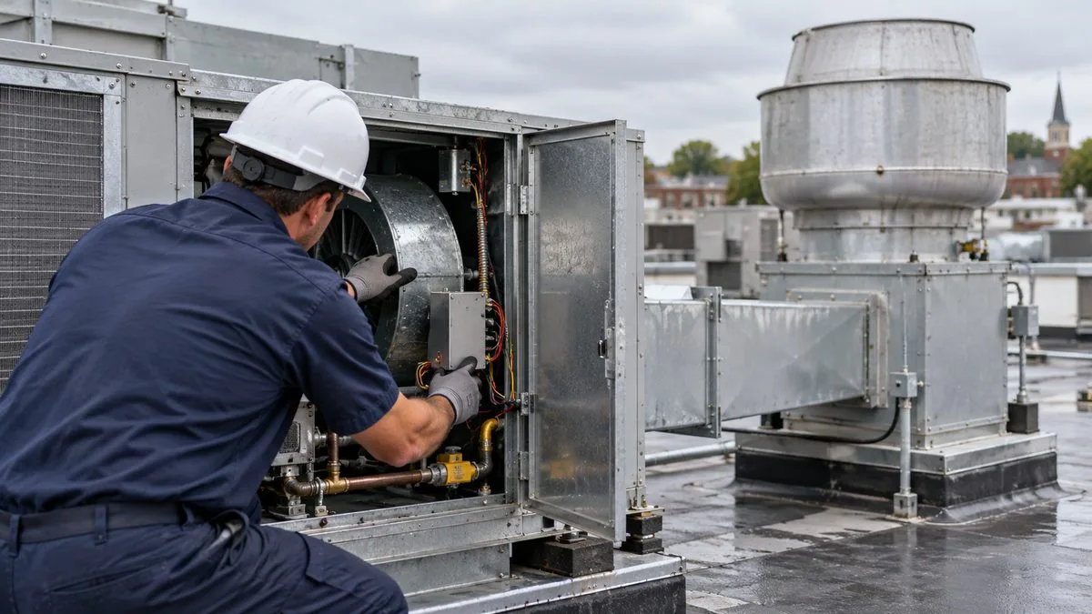 Commercial HVAC service technician inspecting a restaurant make-up air unit and kitchen exhaust fan on a New Jersey rooftop