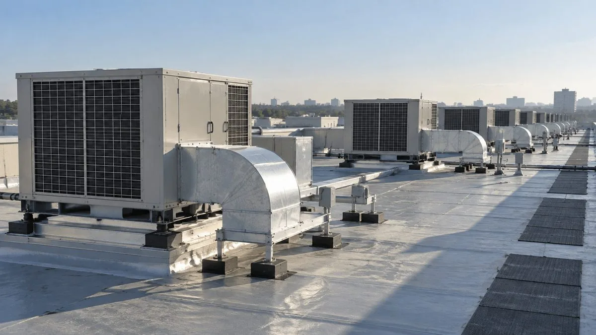 Row of packaged rooftop units with supply and return ductwork on a flat commercial roof maintained under a commercial HVAC service agreement