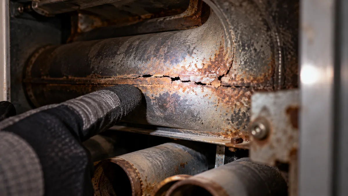 Cracked heat exchanger close-up: rusted gas furnace heat exchanger cell with a visible crack lit by a technician's flashlight during an inspection