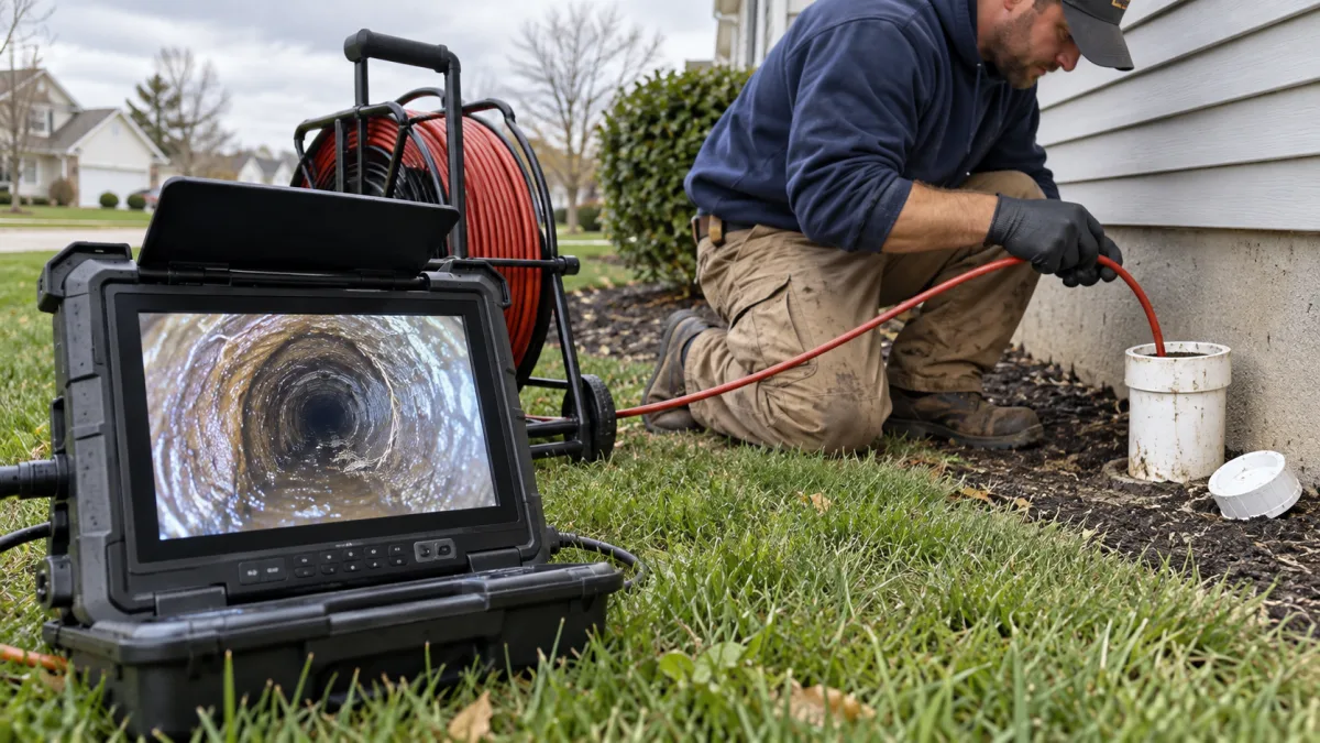 Drain services: sewer camera monitor showing the inside of a pipe while a plumber feeds the cable through a cleanout