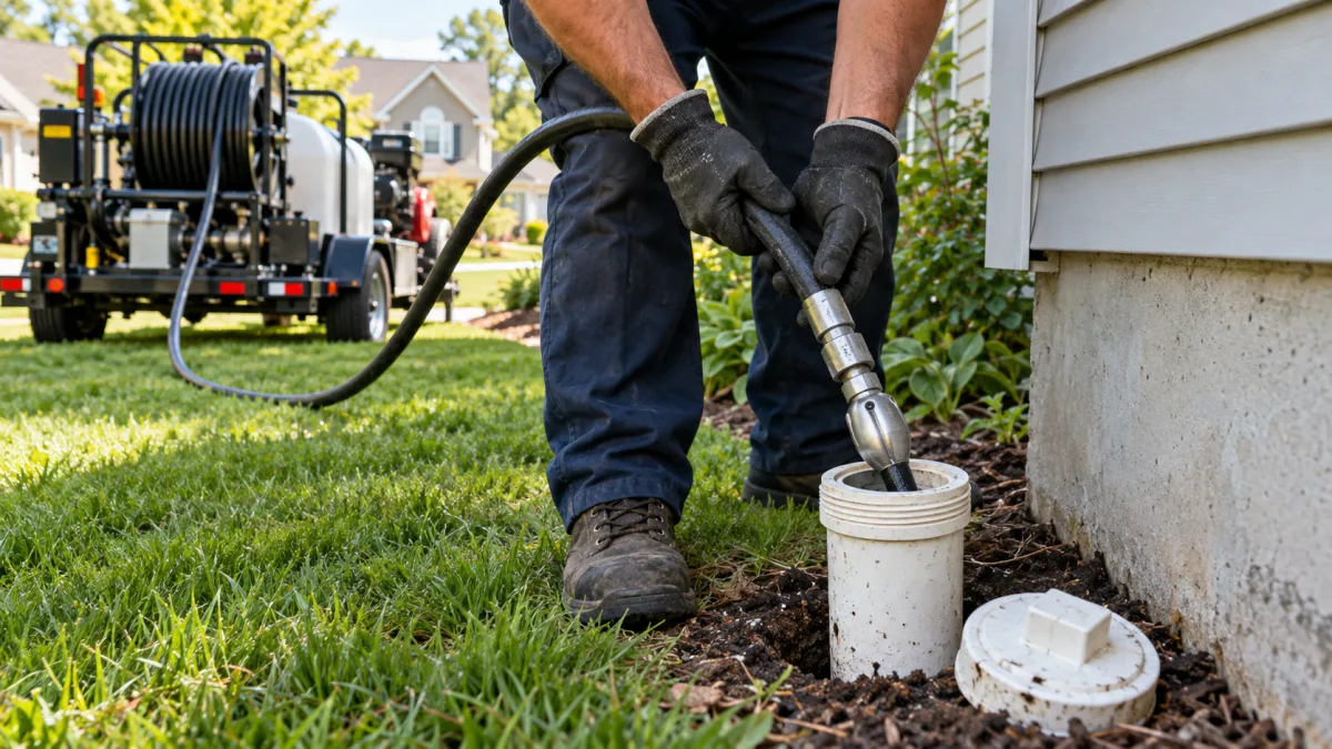 Drain services: high-pressure hydro jetting nozzle and hose being fed into a residential sewer cleanout