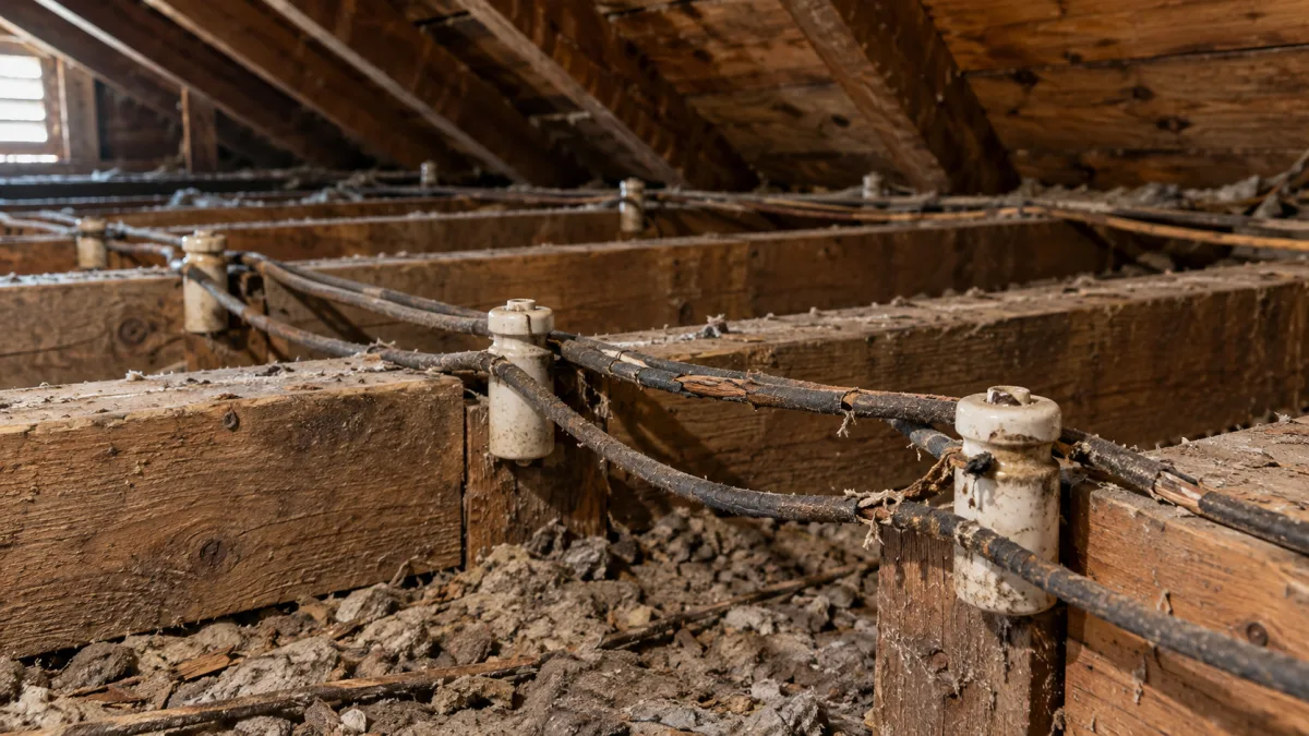 Electrical wiring services: deteriorating knob-and-tube wiring running through floor joists in an older New Jersey attic