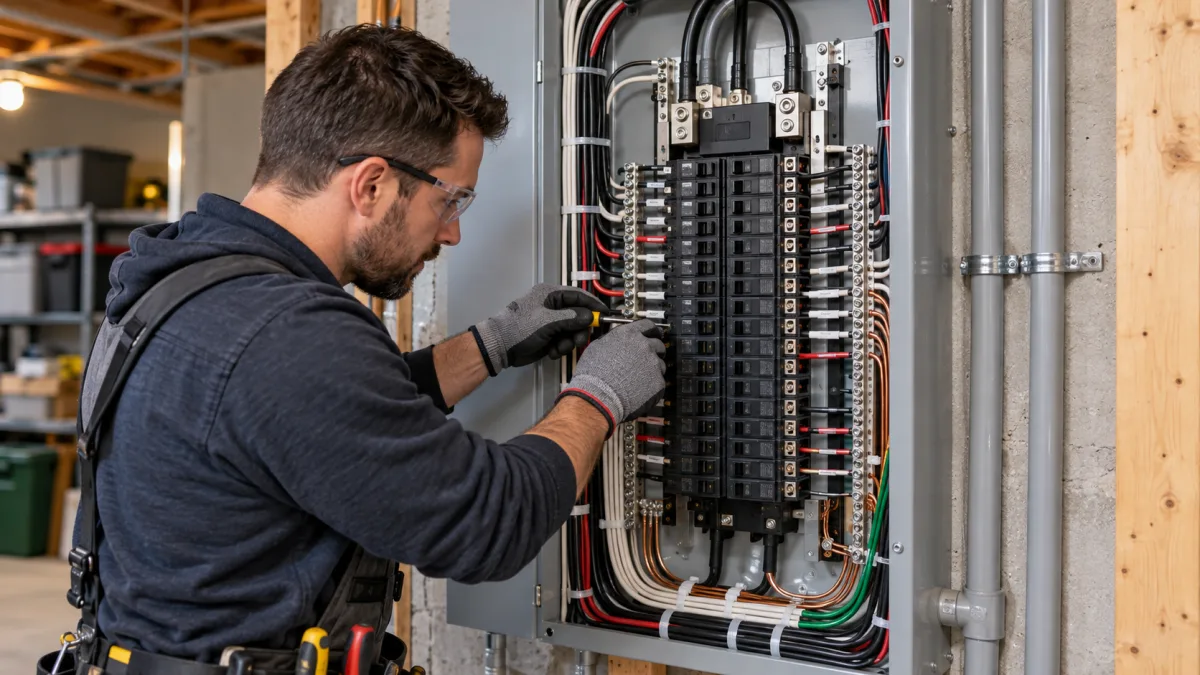 Electrical wiring services: licensed electrician working inside an upgraded 200-amp residential electrical panel with neatly dressed circuits
