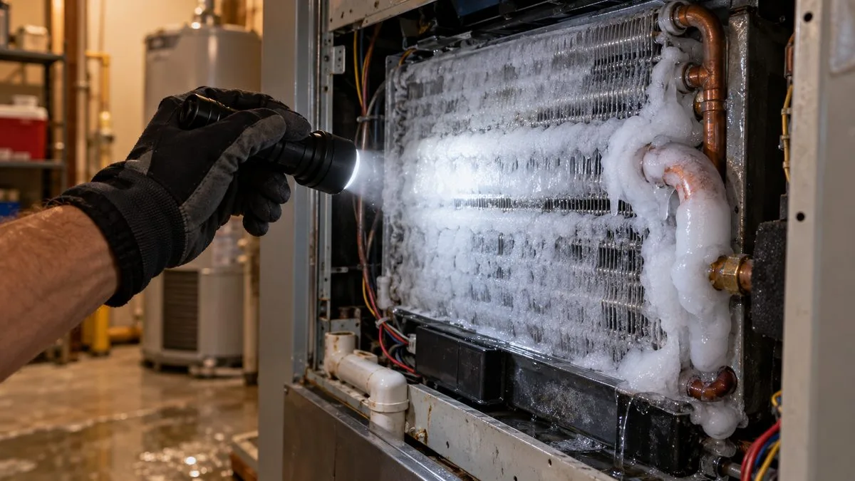 Frozen evaporator coil and iced refrigerant line inside a residential air handler awaiting emergency HVAC service