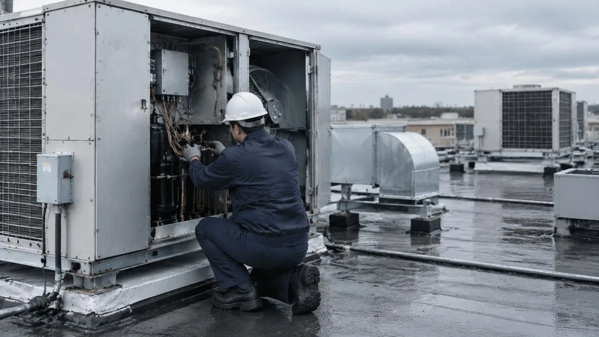HVAC technician performing an emergency repair on an open commercial rooftop unit in wet weather