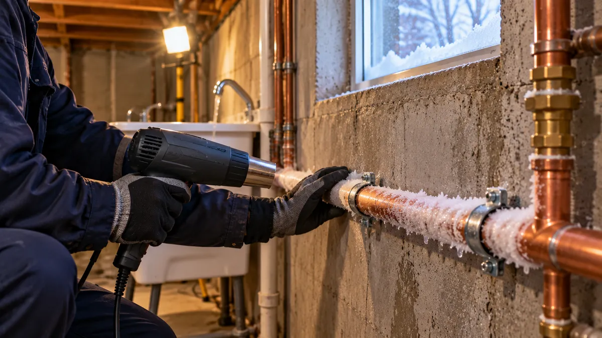 Frozen pipes: plumber thawing a frost-covered copper water pipe in a cold basement with gentle heat while the faucet stays open