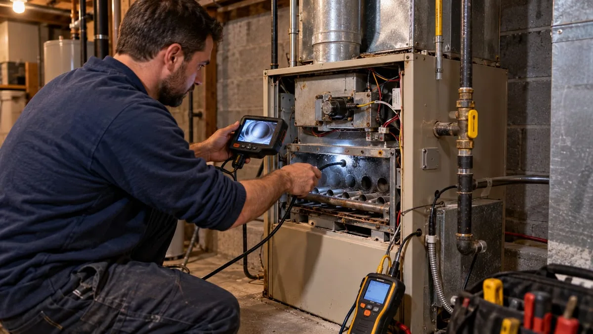 HVAC technician inspecting an older gas furnace heat exchanger with a camera to decide between furnace repair and furnace replacement