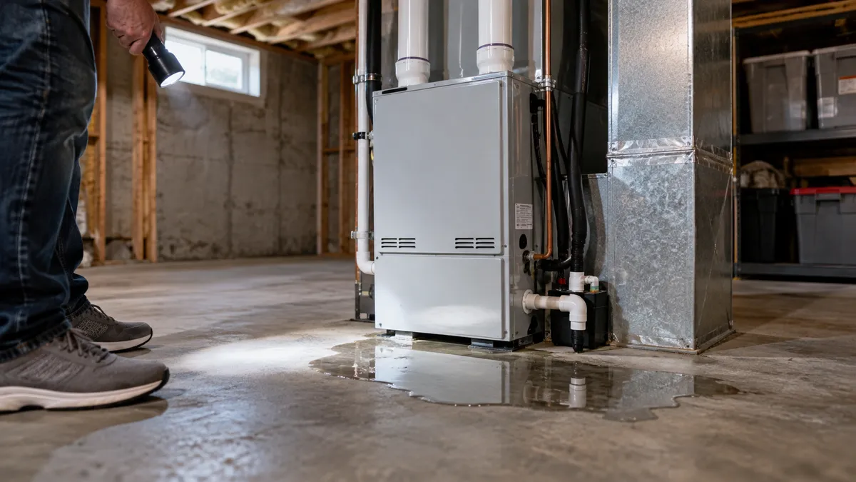 Furnace leaking water: puddle on a basement floor beside a high-efficiency gas furnace in a New Jersey home